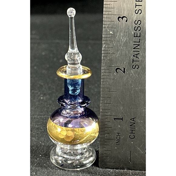 Hand Blown Egyptian Glass Perfume Bottle Blue Purple Gold Mini Genie 3” - Picture 4 of 6